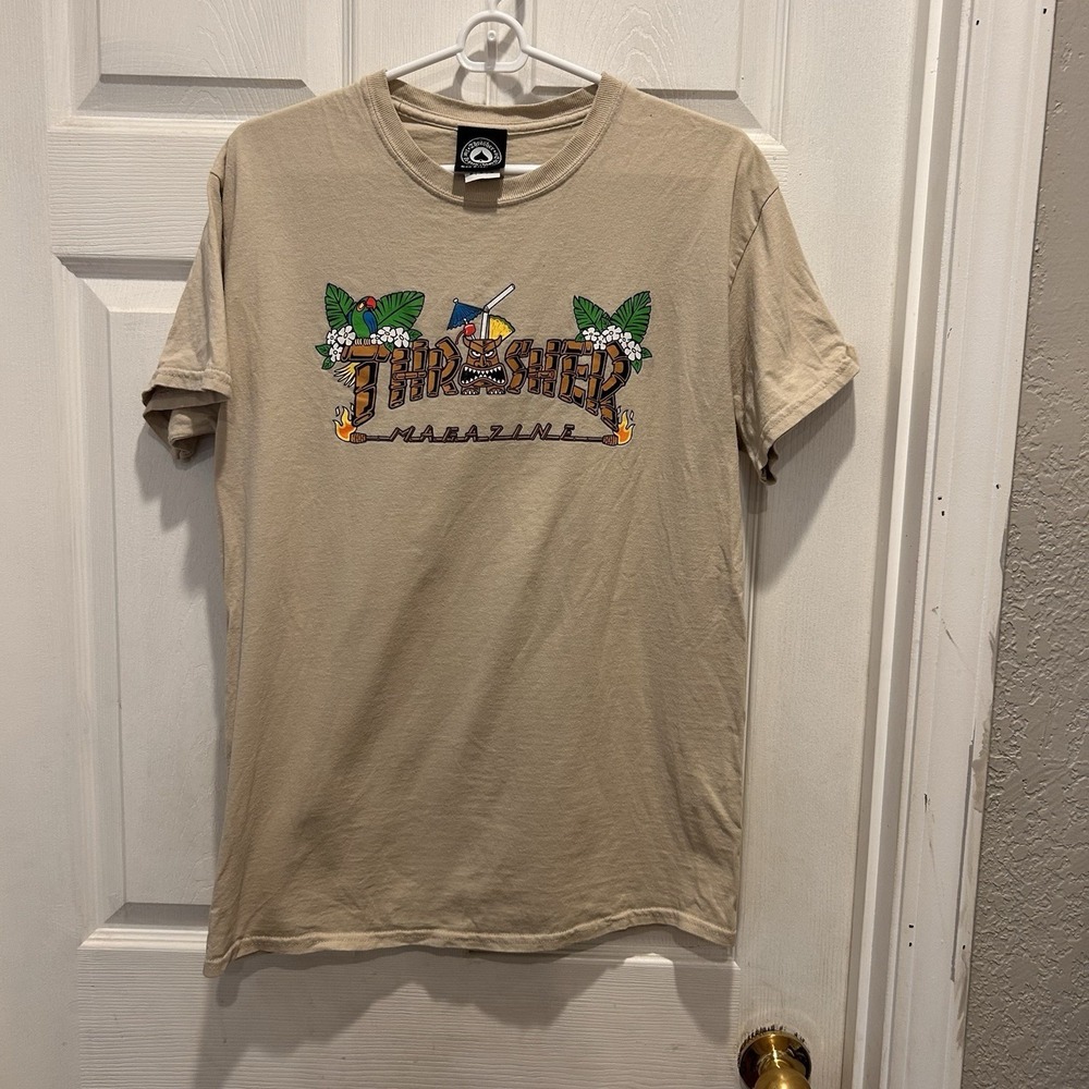 Thrasher Magazine Mens Tiki Graphic T-Shirt Tan Beige Size Medium Short Sleeve
